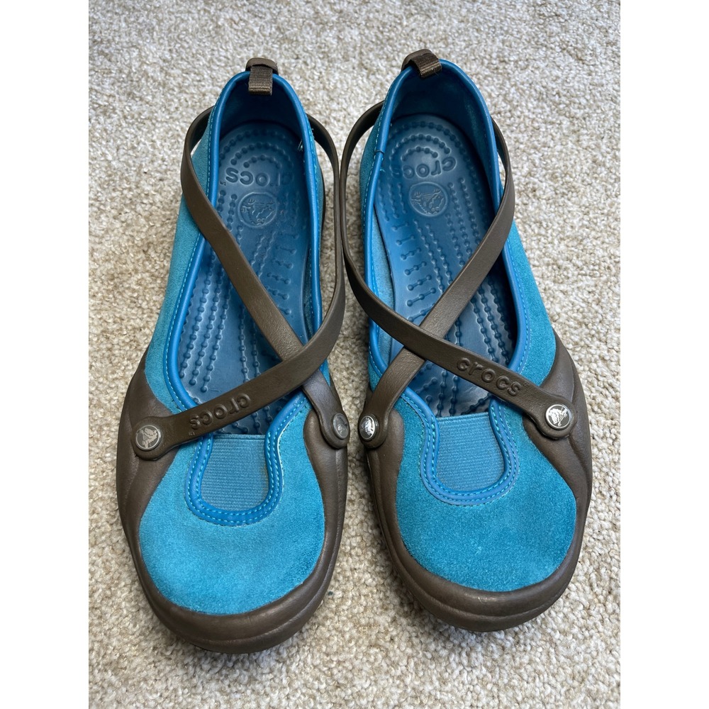 Crocs Adrina Mary Jane Flats Turquoise Blue Brown Suede Strappy Shoes Womens 10